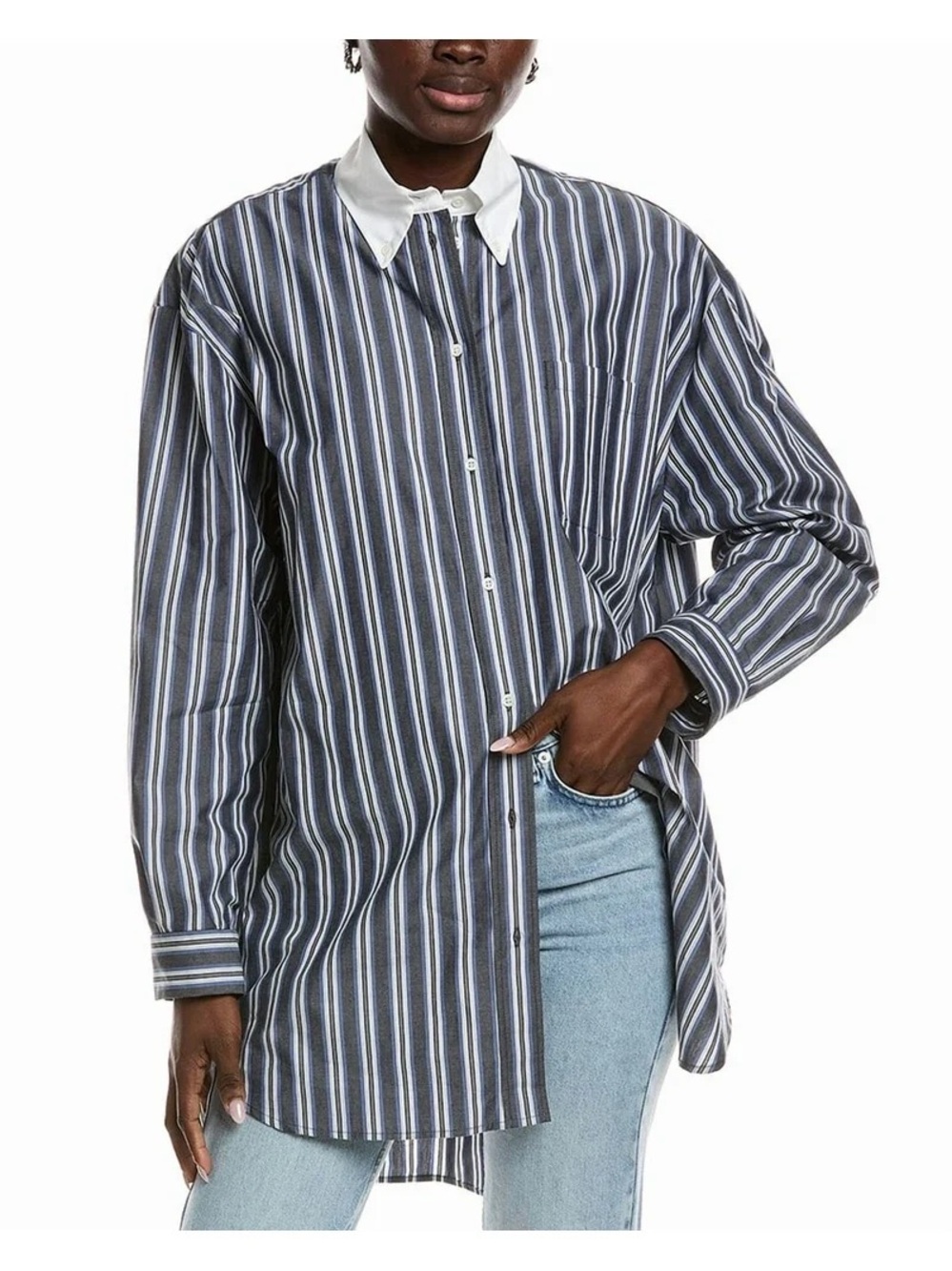 SANDRO Parisian Stripe Contrast Collar Long Sleeved Button Down Mini Shirt Dress